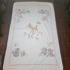 VINTAGE 1970's Disney Bambi Needle Point Throw 34" X 54"